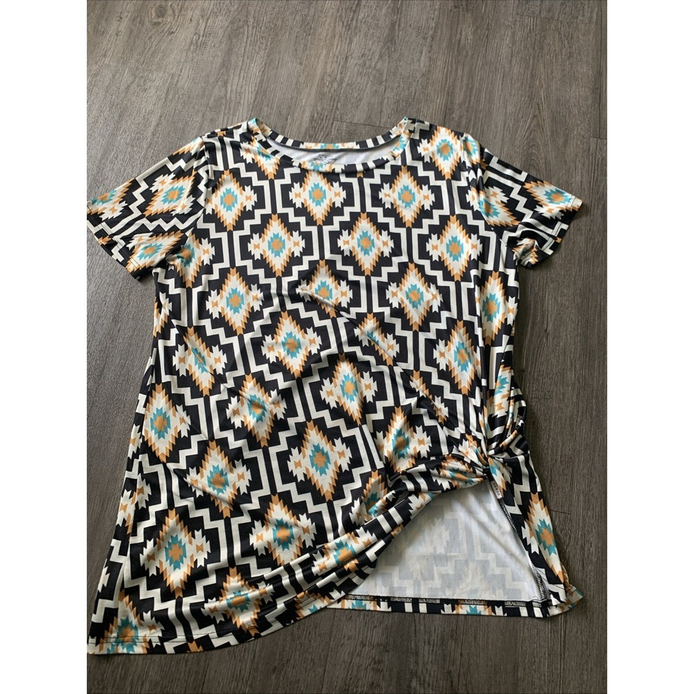 Crazy Train Womens Geometric Print Side Knot T-Shirt Multicolor Size XL
